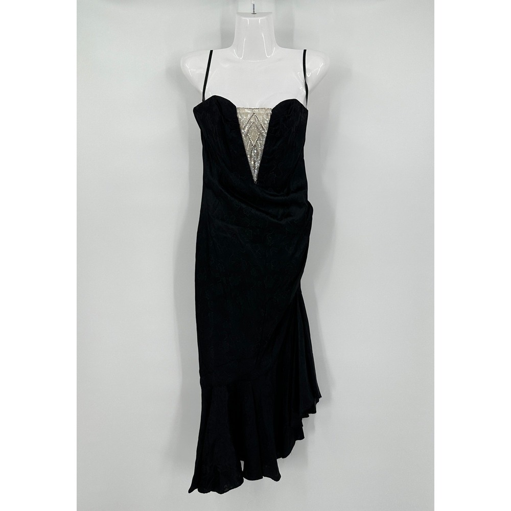 LA Glo Women Glam Evening‎ Gown Size 7/8 Black Metallic Plunge Ruffle Hem Vamp